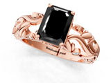 Rose gold Fancy Black Emerald Cut Solitaire Diamond Leaf-Inspired Vine Band Ring with Prong Setting_1