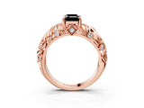 Rose gold Fancy Black Emerald Cut Solitaire Diamond Leaf-Inspired Vine Band Ring with Prong Setting_3