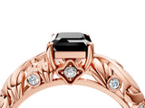 Rose gold Fancy Black Emerald Cut Solitaire Diamond Leaf-Inspired Vine Band Ring with Prong Setting_4