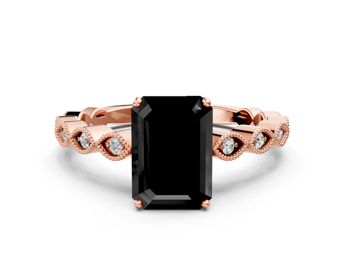 Rose gold Fancy Black Emerald Cut Solitaire Diamond Ring with Infinity Twist Band and Four-Prong Setting