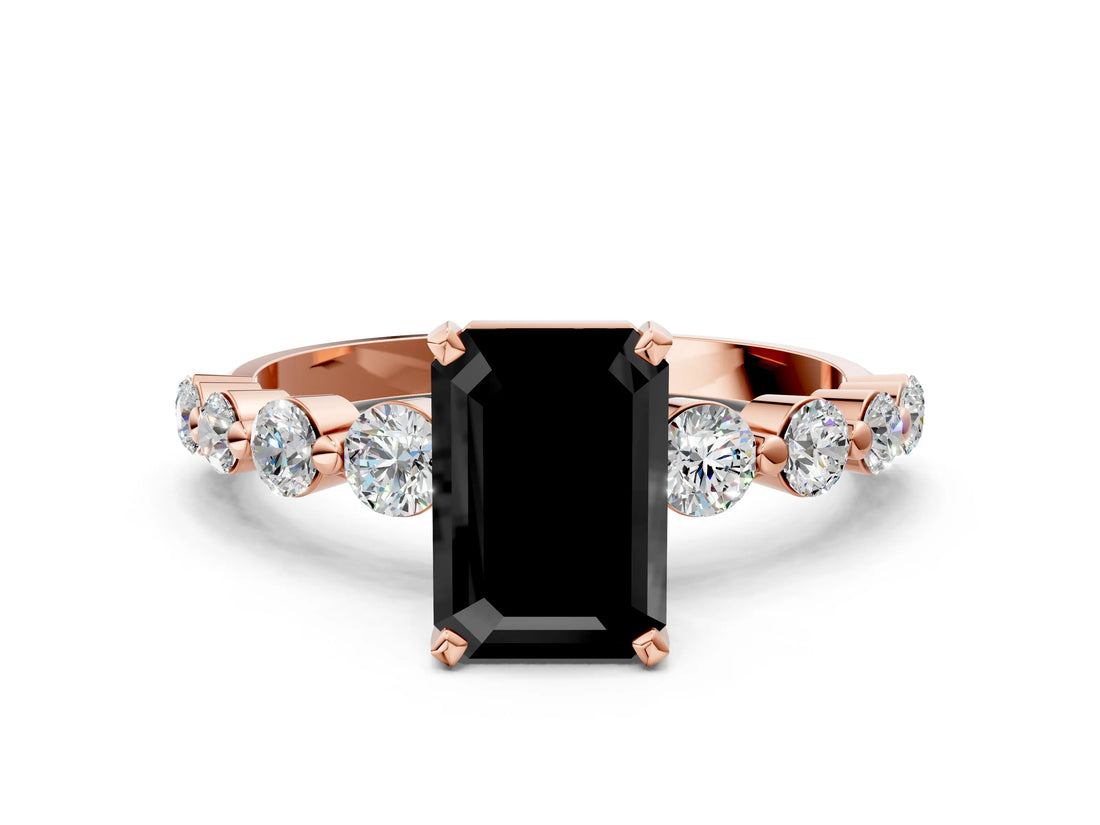 Rose gold Fancy Black Emerald Cut Solitaire Diamond Ring with Pave Band and Four-Prong Setting