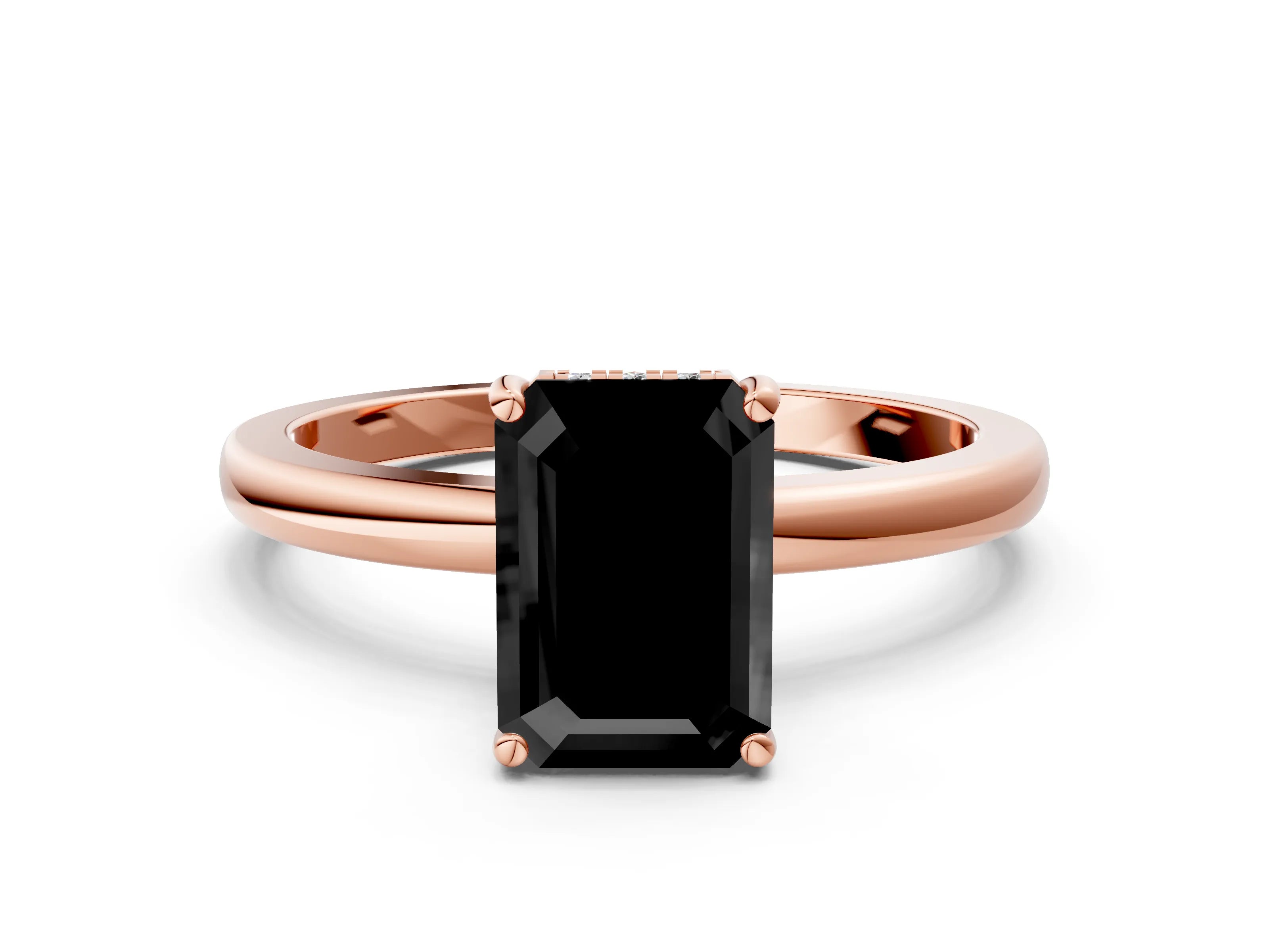 Rose gold Fancy Black Emerald Cut Solitaire Diamond Ring with Prong Setting and Plain Band