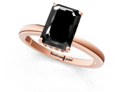Rose gold Fancy Black Emerald Cut Solitaire Diamond Ring with Prong Setting and Plain Band_1
