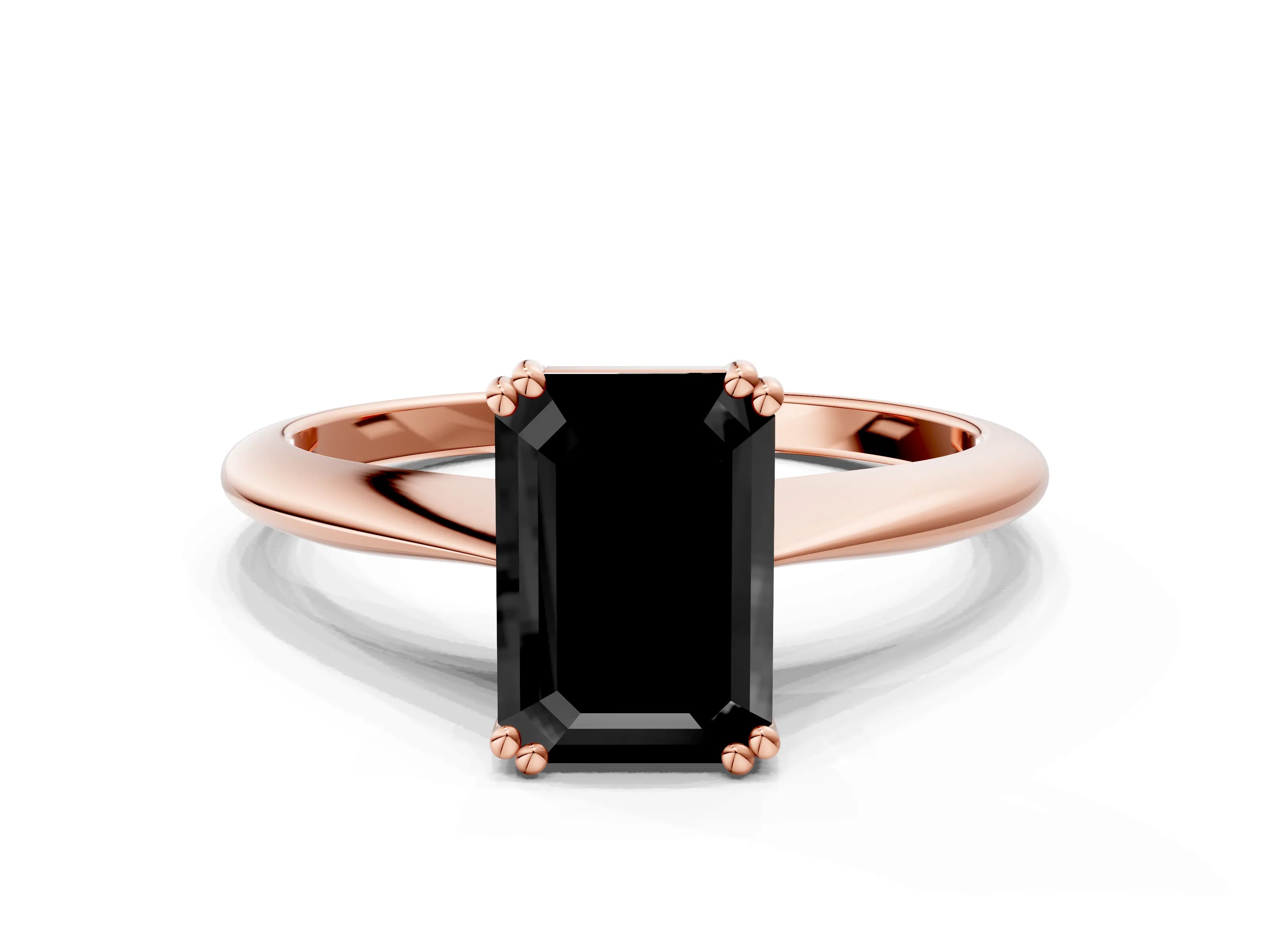 Rose gold Fancy Black Emerald Cut Solitaire Diamond Ring with Six-Prong Setting and Classic Band