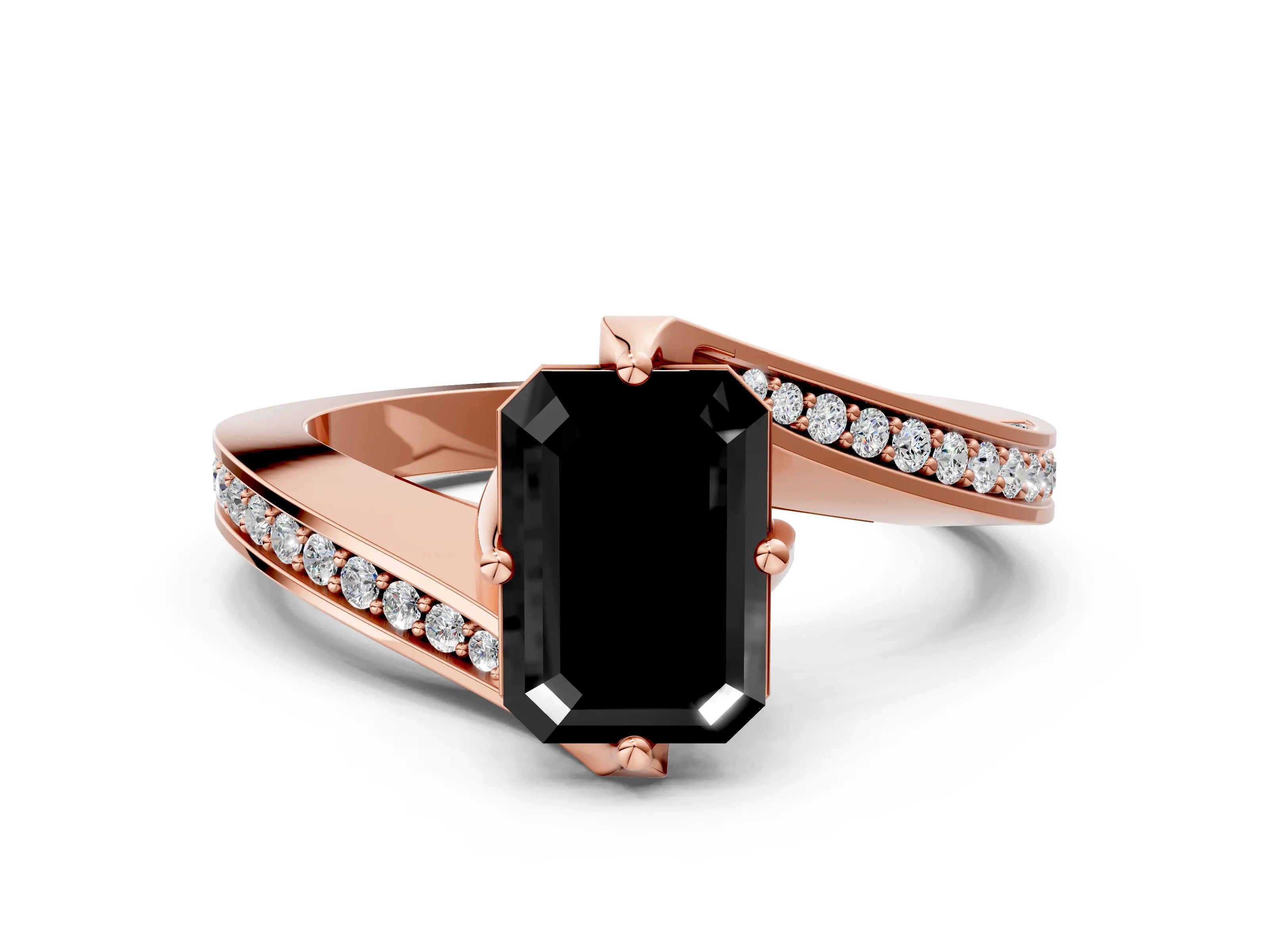 Rose gold Fancy Black Emerald Cut Solitaire Diamond Twist Band with Pavé Setting and Four-Prong Setting