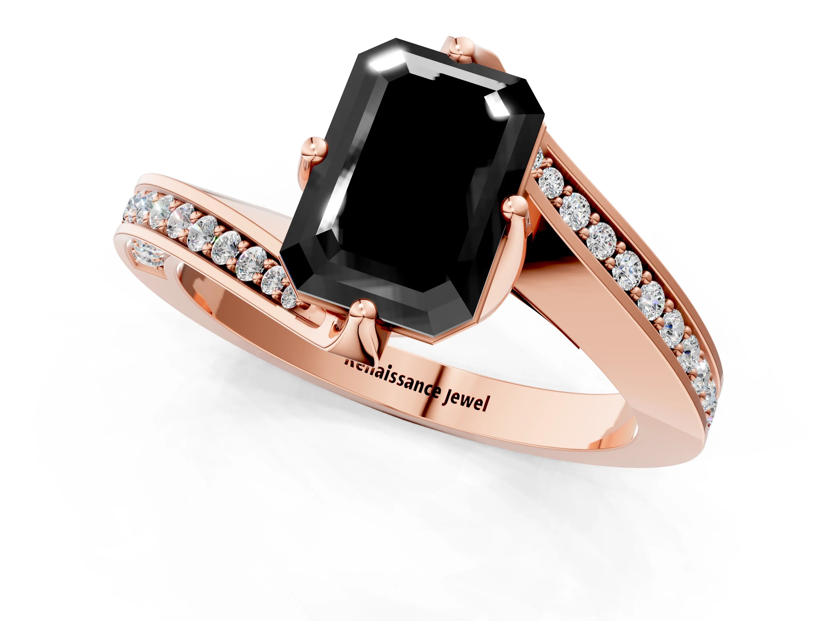 Rose gold Fancy Black Emerald Cut Solitaire Diamond Twist Band with Pavé Setting and Four-Prong Setting_1