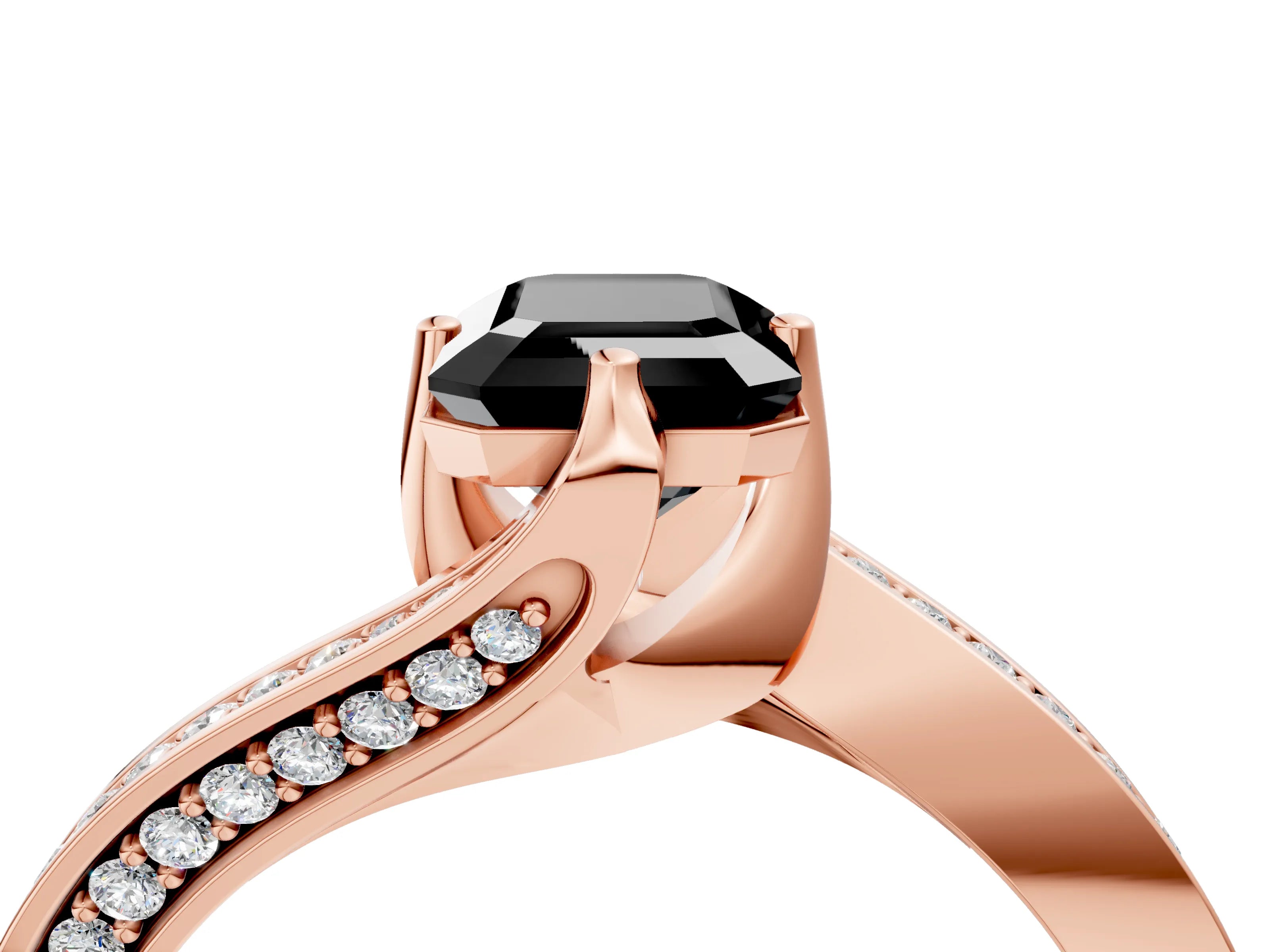Rose gold Fancy Black Emerald Cut Solitaire Diamond Twist Band with Pavé Setting and Four-Prong Setting_4