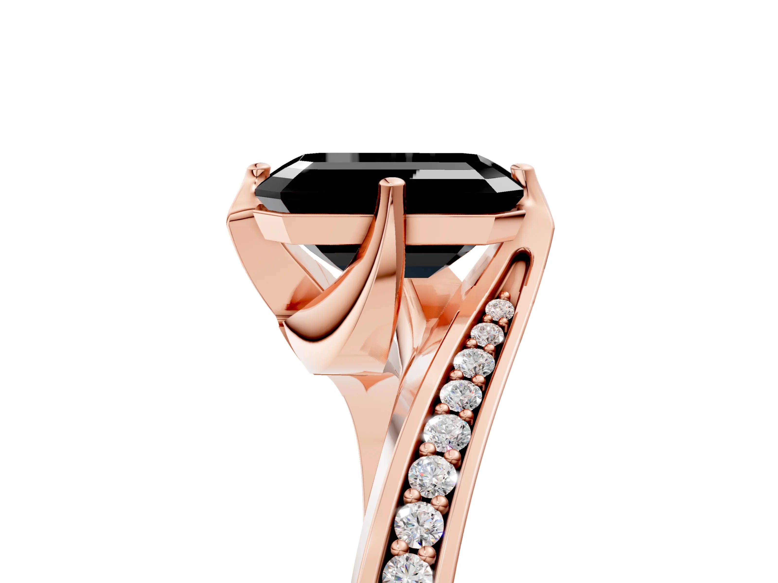 Rose gold Fancy Black Emerald Cut Solitaire Diamond Twist Band with Pavé Setting and Four-Prong Setting_5
