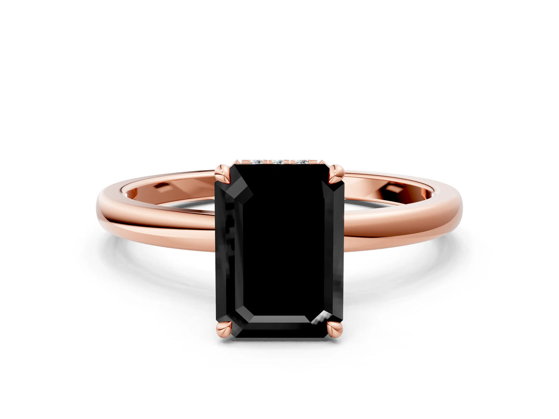 Rose gold Fancy Black Emerald Cut Solitaire Engagement Ring with Cathedral Band and Four-Prong Setting