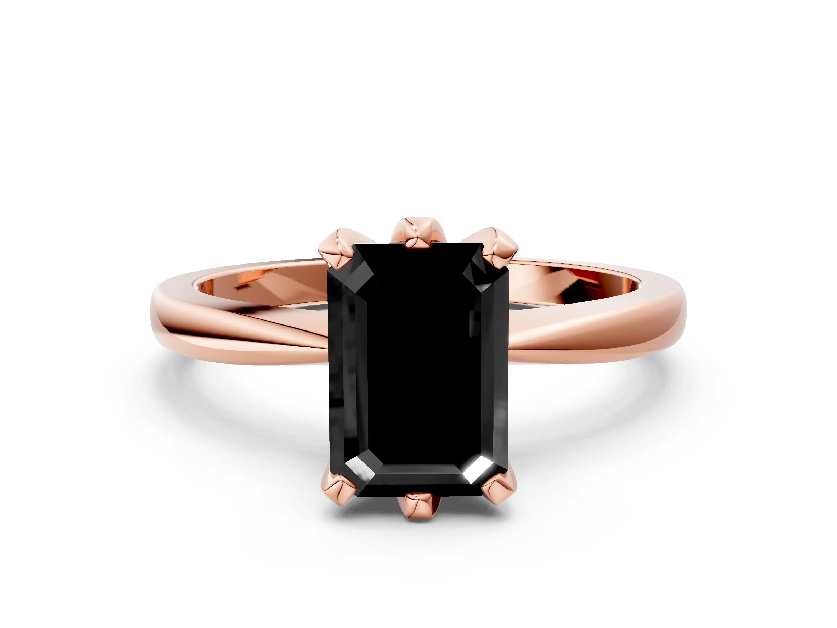 Rose gold Fancy Black Emerald Cut Solitaire Engagement Ring with Six-Prong Setting and Tapered Band