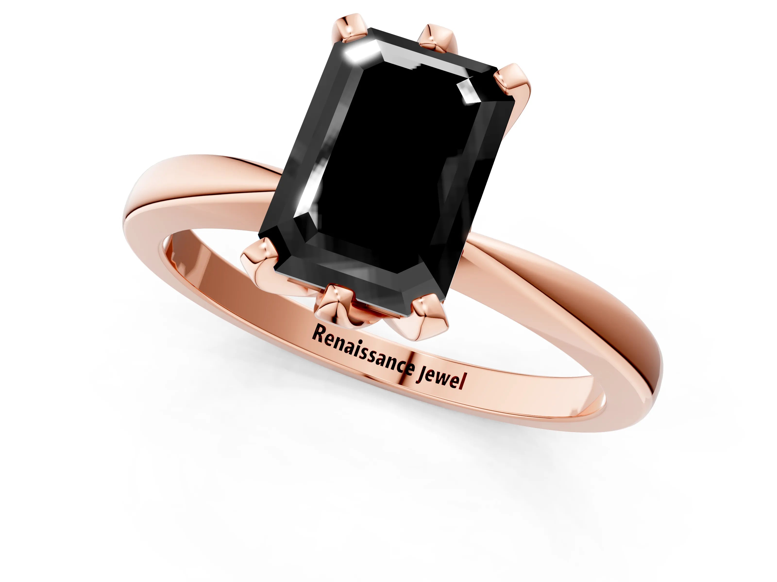 Rose gold Fancy Black Emerald Cut Solitaire Engagement Ring with Six-Prong Setting and Tapered Band_1