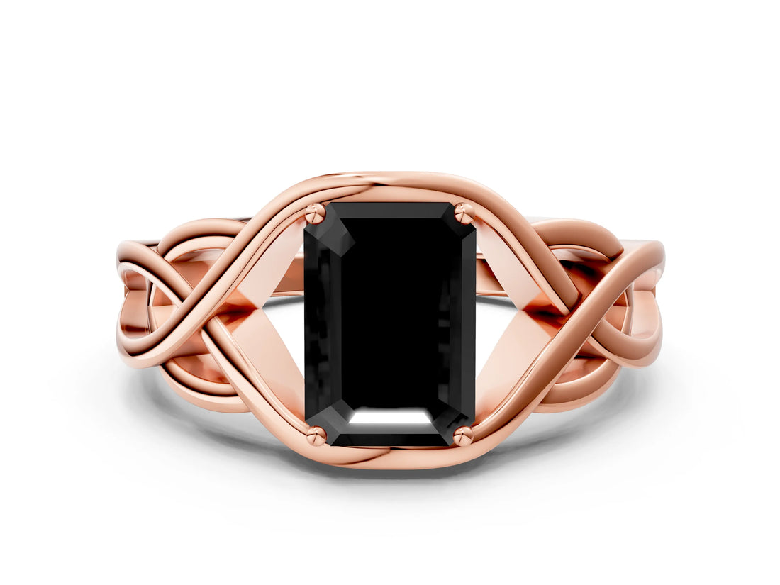 Rose gold Fancy Black Emerald Cut Solitaire Intertwined Band Prong Setting Ring