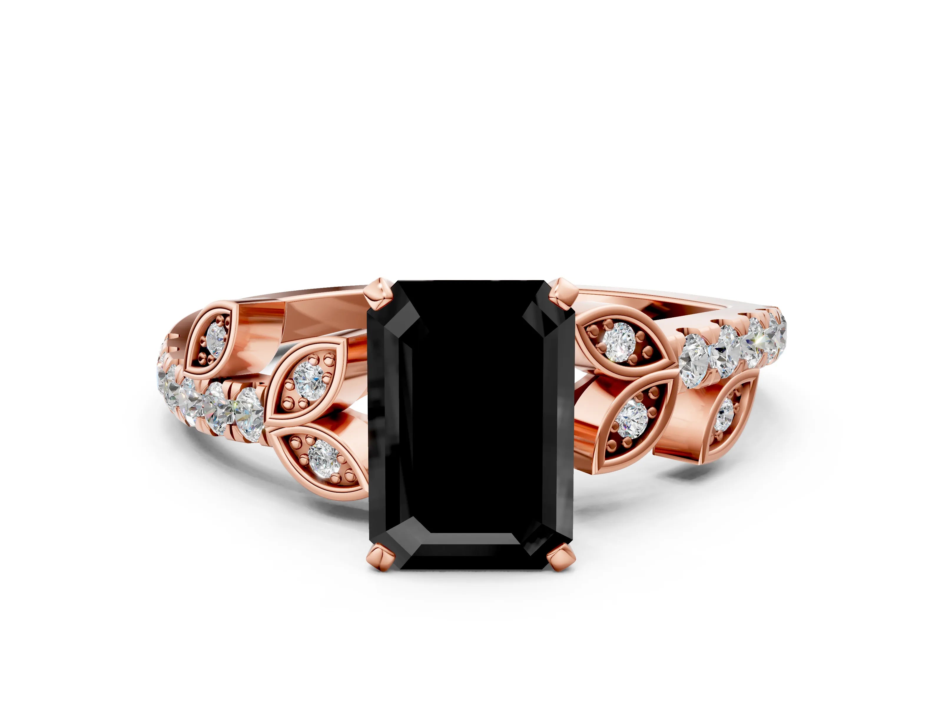 Rose gold Fancy Black Emerald Cut Solitaire Leaf-Inspired Diamond Ring with Pavé Band and Four-Prong Setting