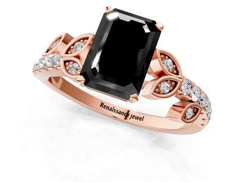 Rose gold Fancy Black Emerald Cut Solitaire Leaf-Inspired Diamond Ring with Pavé Band and Four-Prong Setting_1