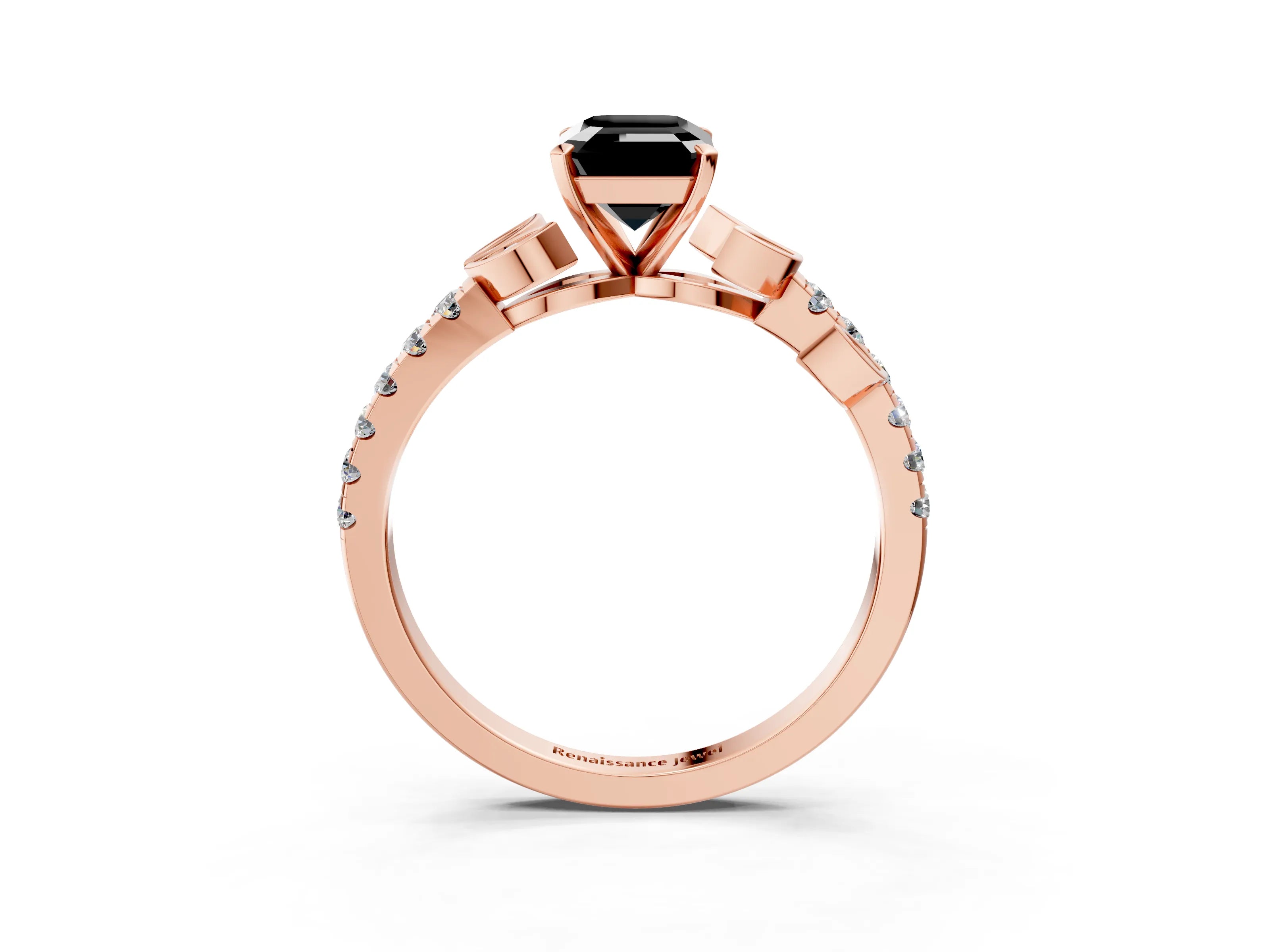 Rose gold Fancy Black Emerald Cut Solitaire Leaf-Inspired Diamond Ring with Pavé Band and Four-Prong Setting_3