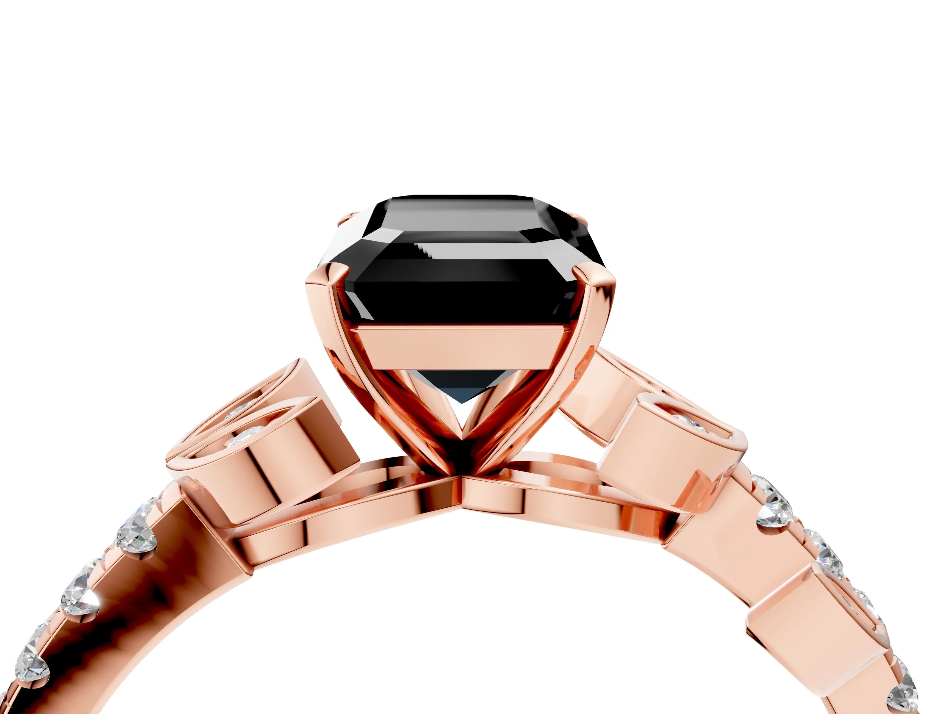 Rose gold Fancy Black Emerald Cut Solitaire Leaf-Inspired Diamond Ring with Pavé Band and Four-Prong Setting_4