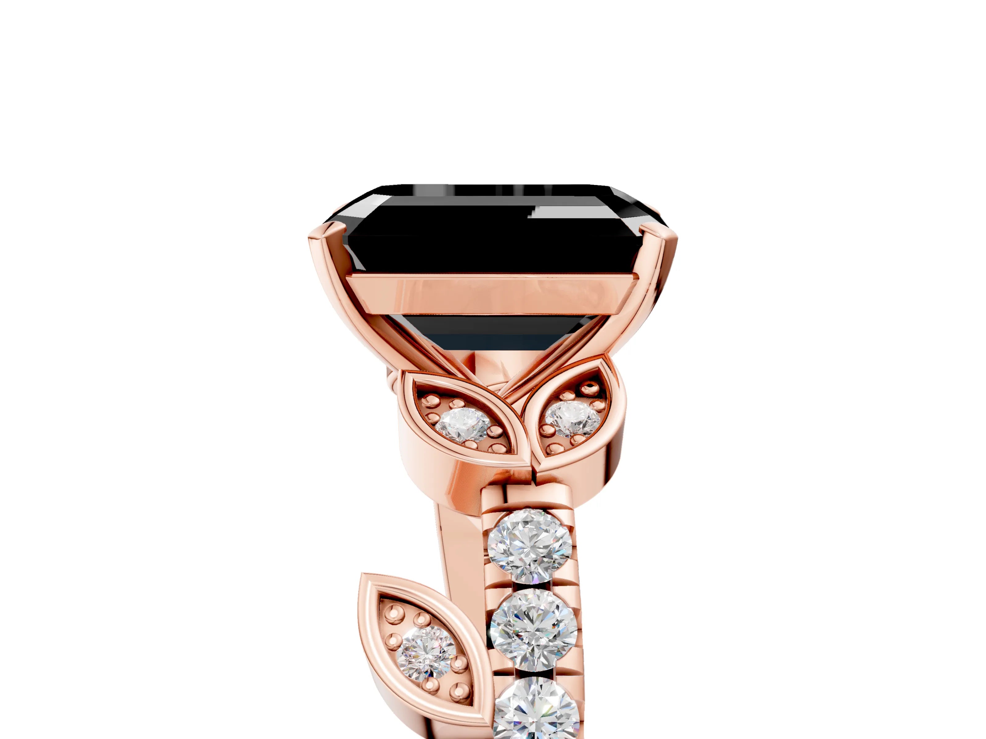 Rose gold Fancy Black Emerald Cut Solitaire Leaf-Inspired Diamond Ring with Pavé Band and Four-Prong Setting_5