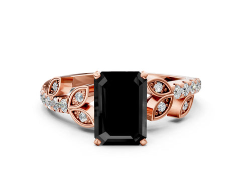 Rose gold Fancy Black Emerald Cut Solitaire Leaf-Inspired Diamond Ring with Pavé Band and Four-Prong Setting