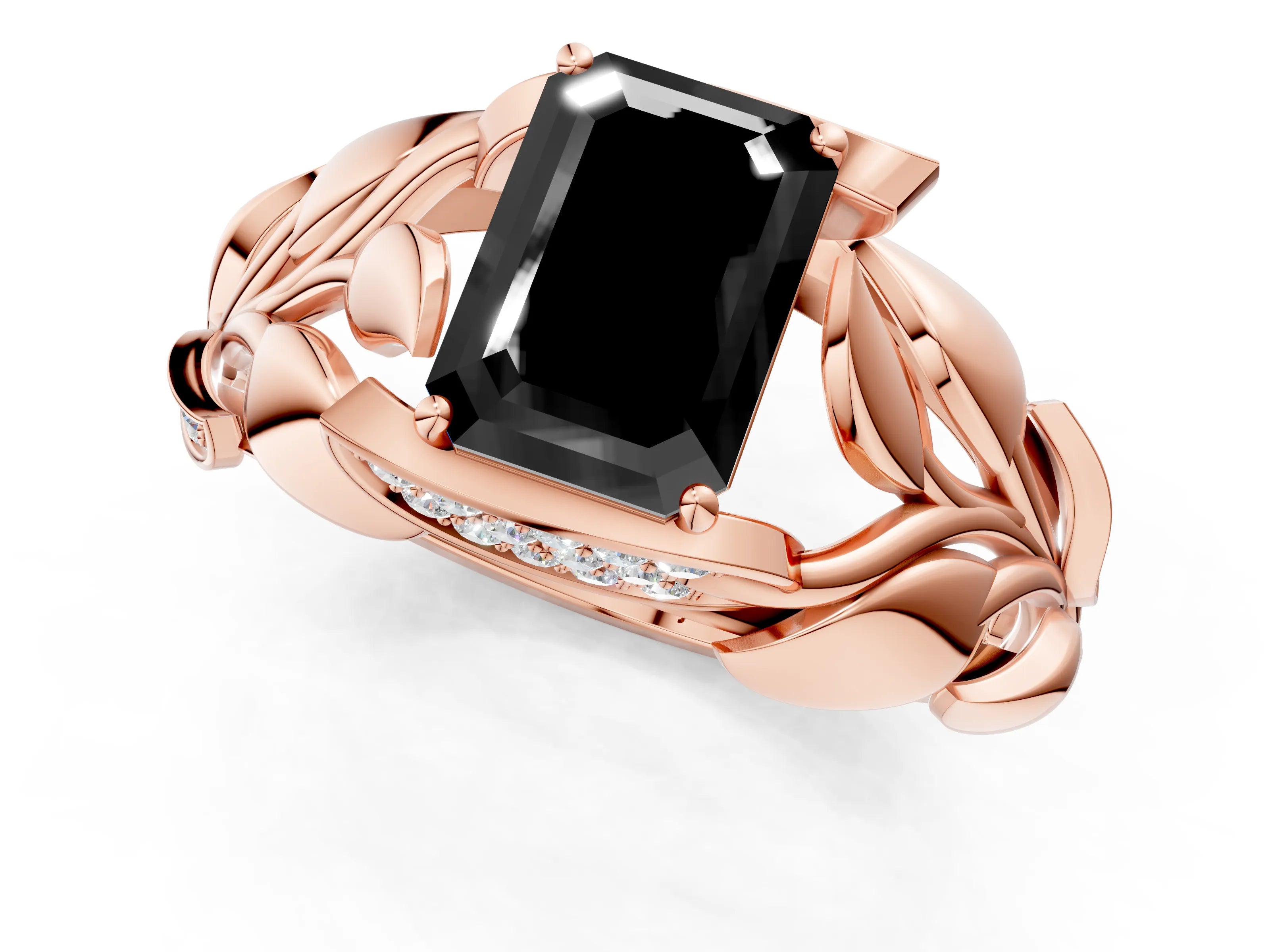 Rose gold Fancy Black Emerald Cut Solitaire Leaf-Inspired Engagement Ring with Prong Setting_1