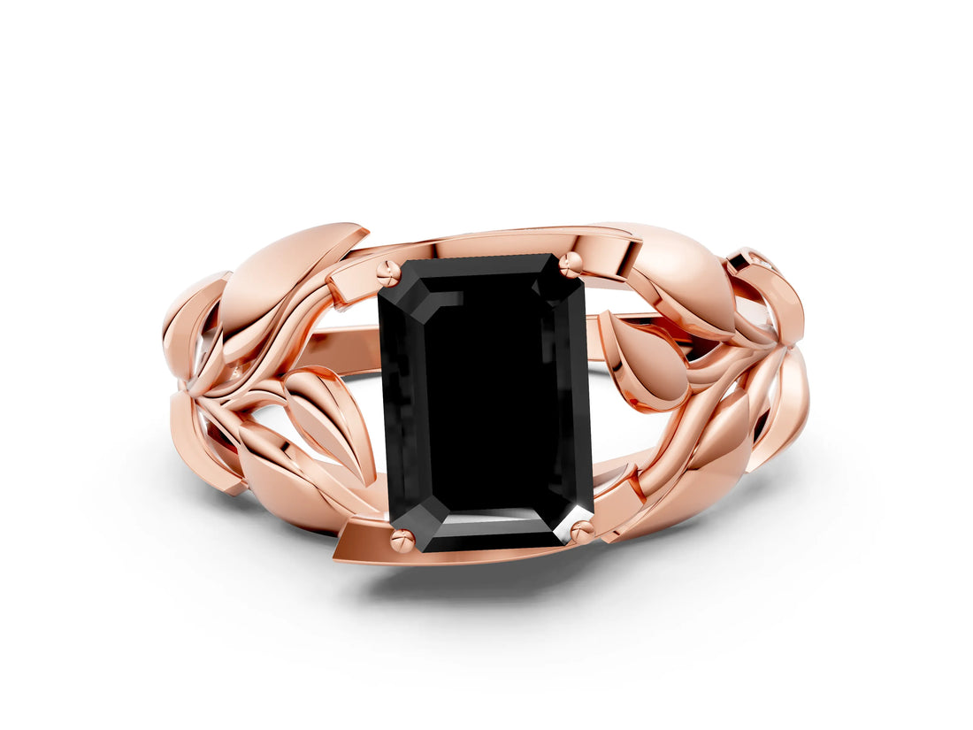 Rose gold Fancy Black Emerald Cut Solitaire Leaf-Inspired Engagement Ring with Prong Setting_12