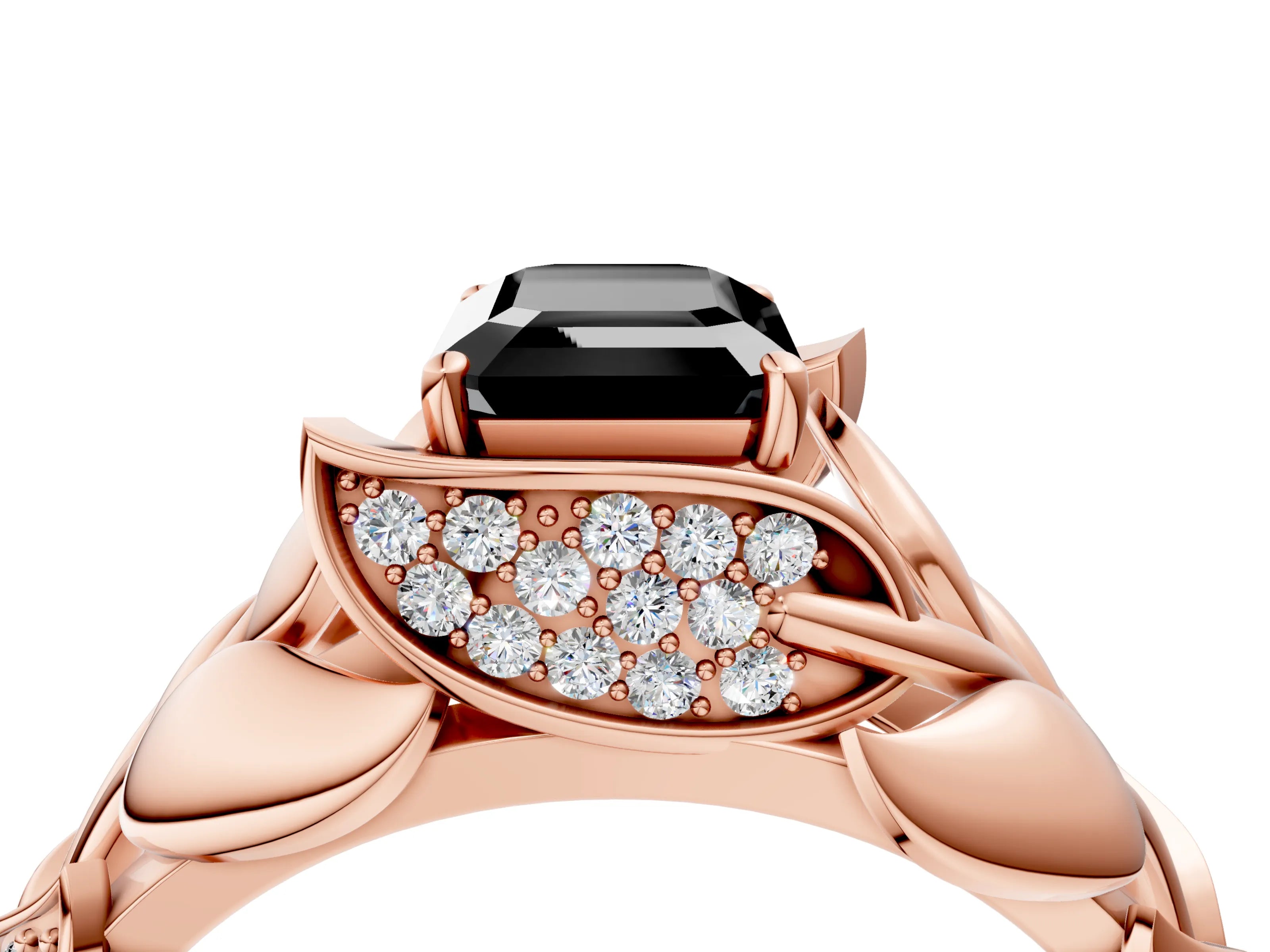Rose gold Fancy Black Emerald Cut Solitaire Leaf-Inspired Engagement Ring with Prong Setting_4