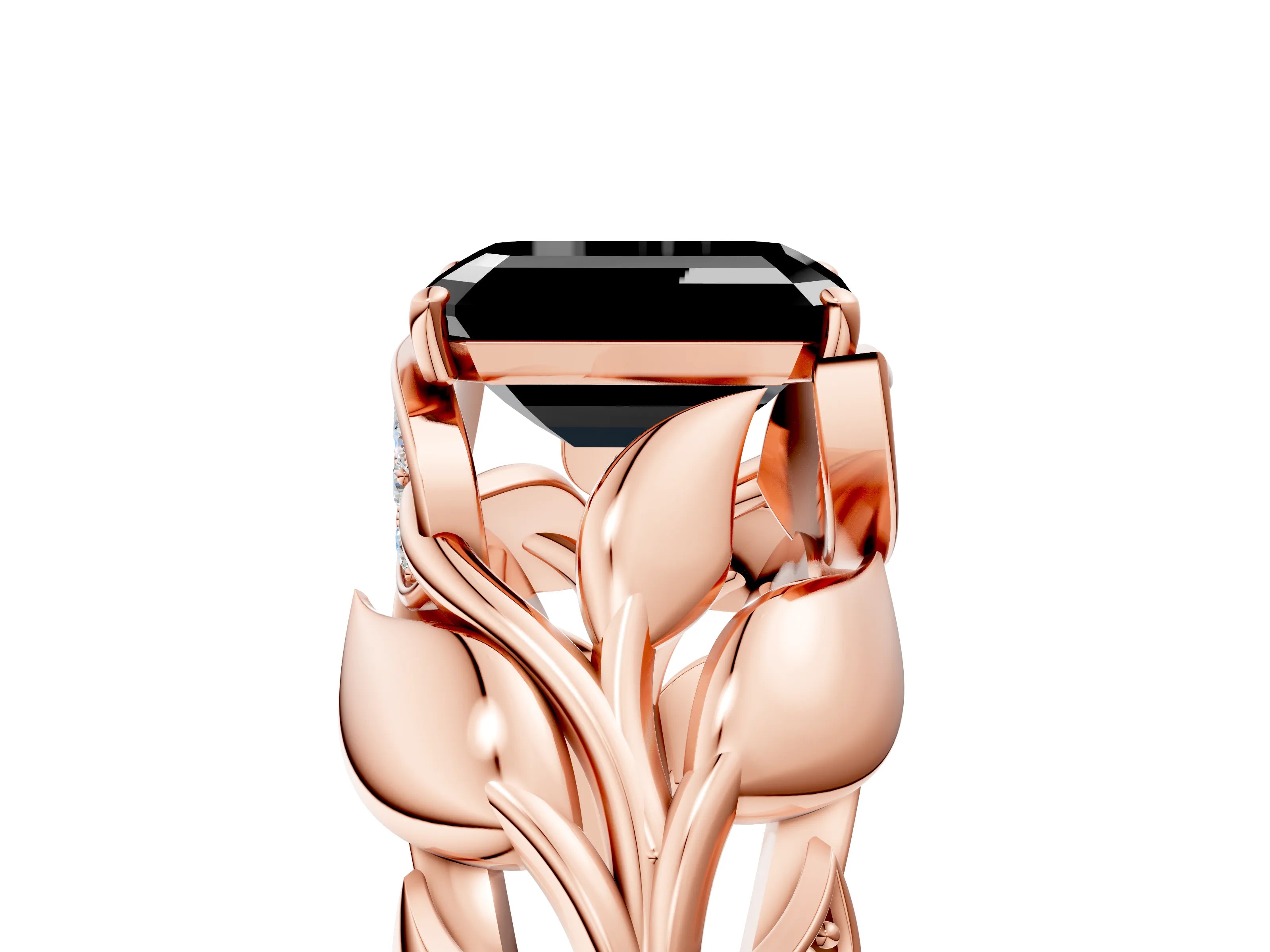 Rose gold Fancy Black Emerald Cut Solitaire Leaf-Inspired Engagement Ring with Prong Setting_5