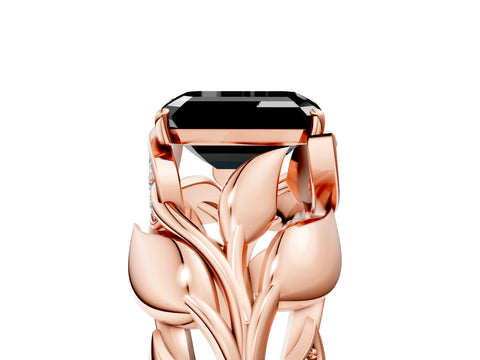 Rose gold Fancy Black Emerald Cut Solitaire Leaf-Inspired Engagement Ring with Prong Setting_5