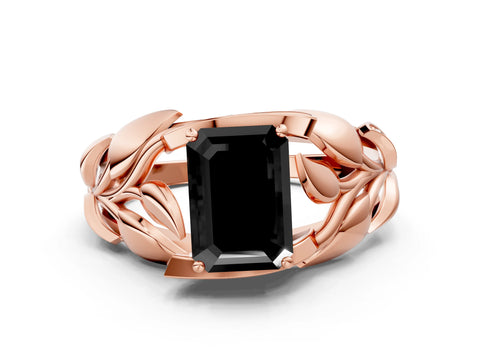 Rose gold Fancy Black Emerald Cut Solitaire Leaf-Inspired Engagement Ring with Prong Setting