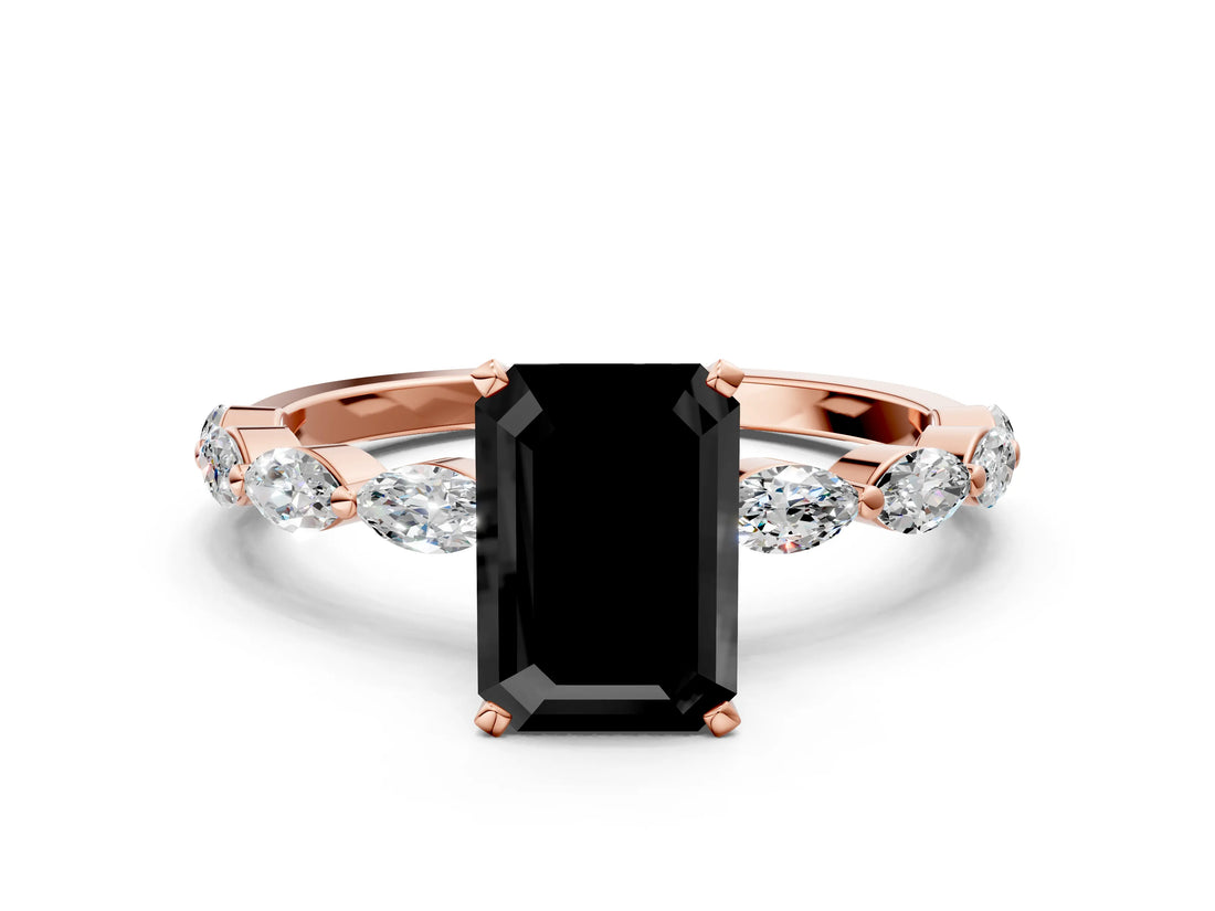Rose gold Fancy Black Emerald Cut Solitaire Marquise Side Stone Prong Setting Ring