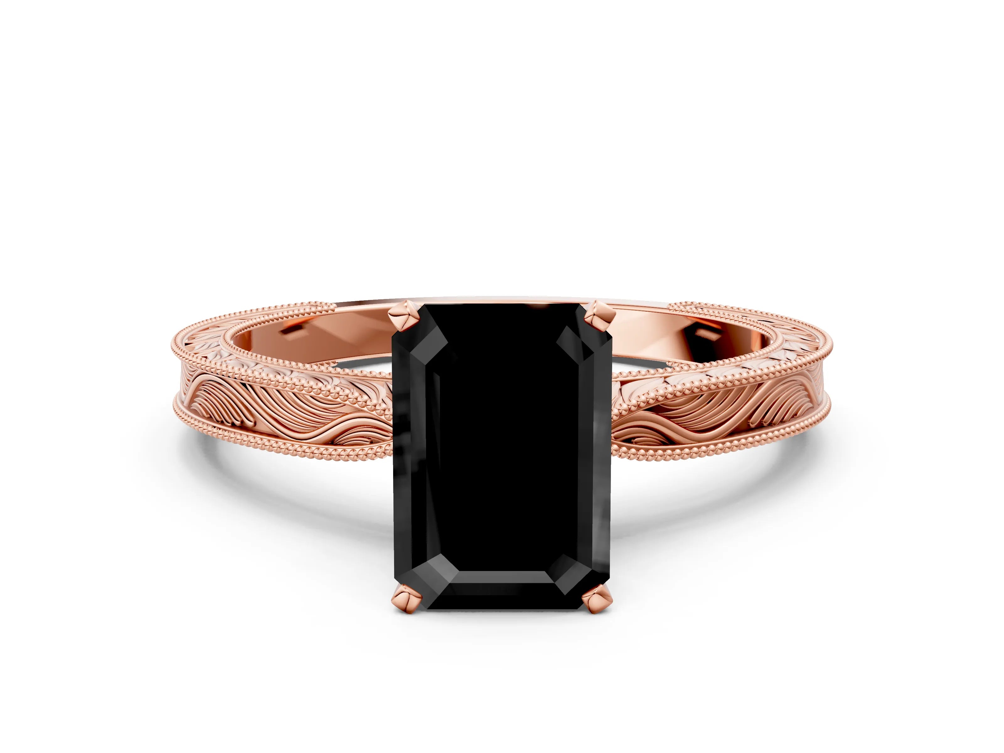 Rose gold Fancy Black Emerald Cut Solitaire Milgrain Engraved Band with Four-Prong Setting