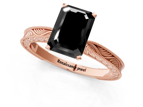 Rose gold Fancy Black Emerald Cut Solitaire Milgrain Engraved Band with Four-Prong Setting_1