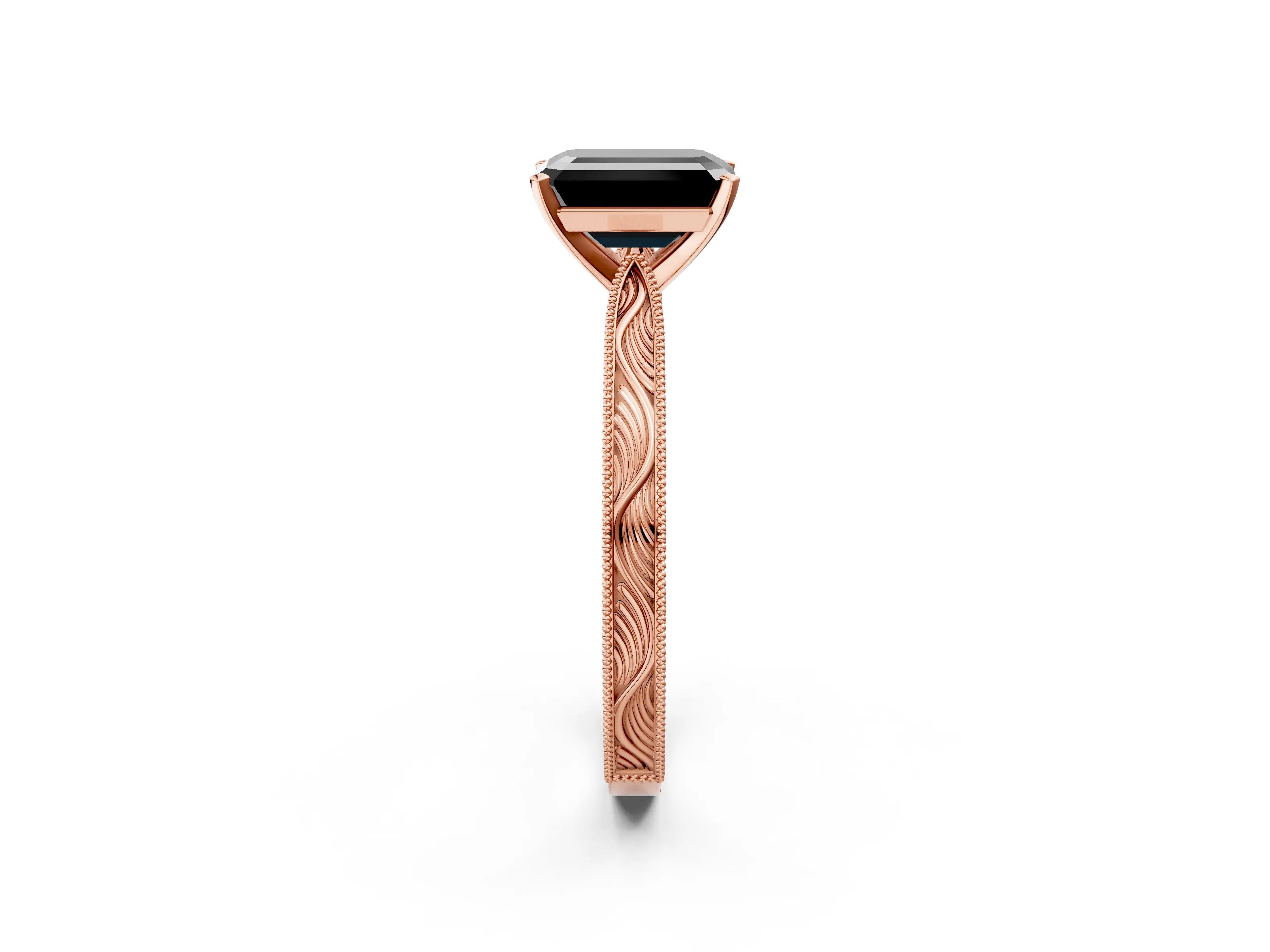 Rose gold Fancy Black Emerald Cut Solitaire Milgrain Engraved Band with Four-Prong Setting_2