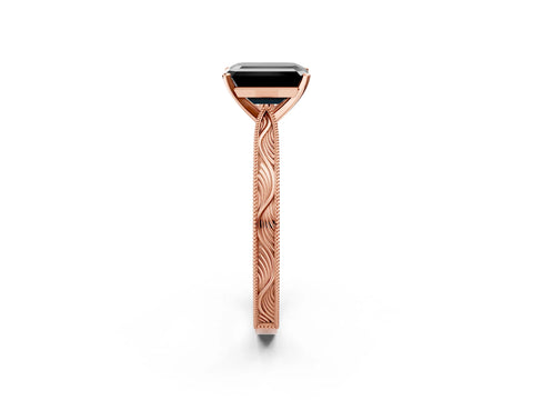 Rose gold Fancy Black Emerald Cut Solitaire Milgrain Engraved Band with Four-Prong Setting_2