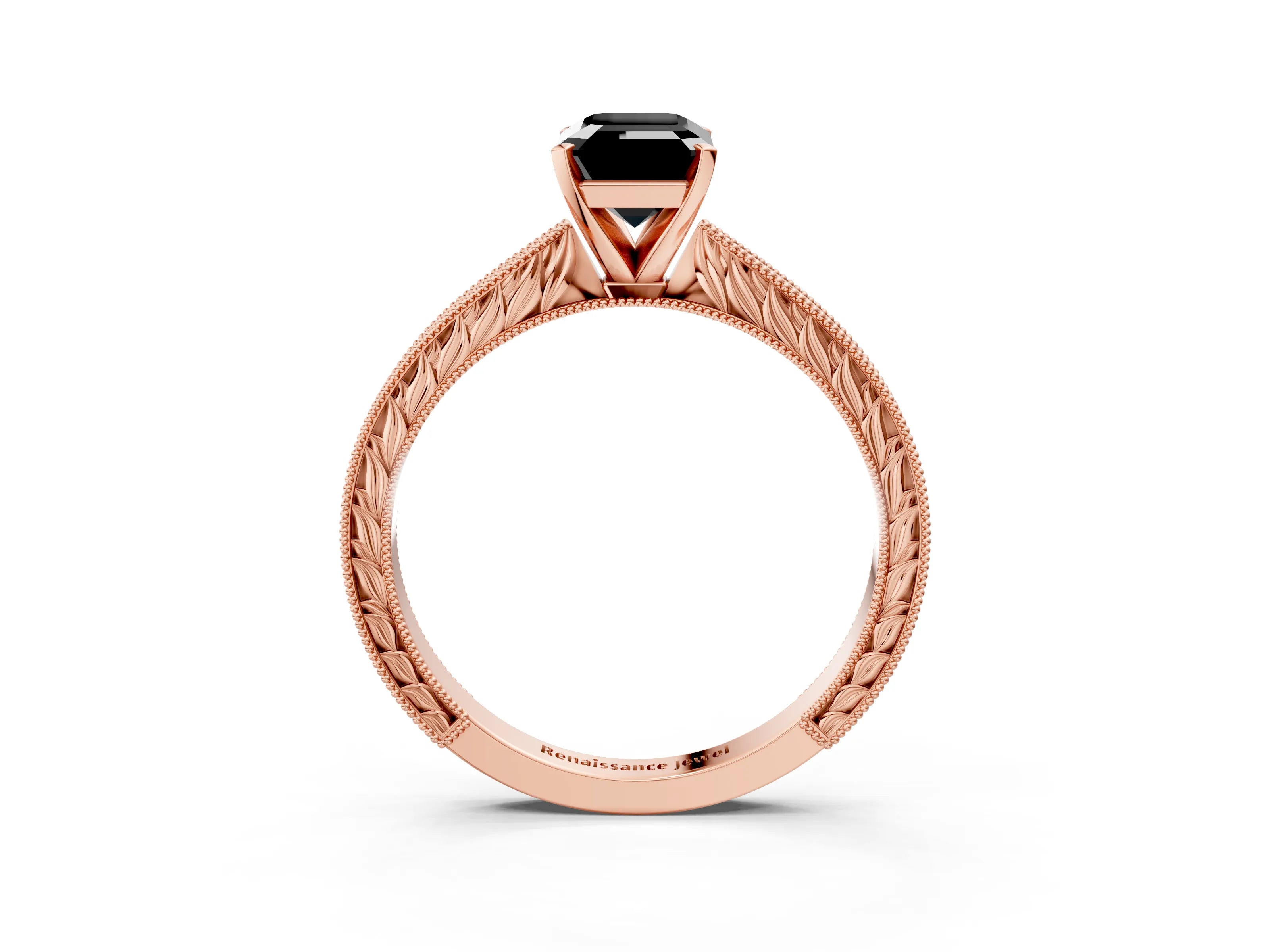 Rose gold Fancy Black Emerald Cut Solitaire Milgrain Engraved Band with Four-Prong Setting_3
