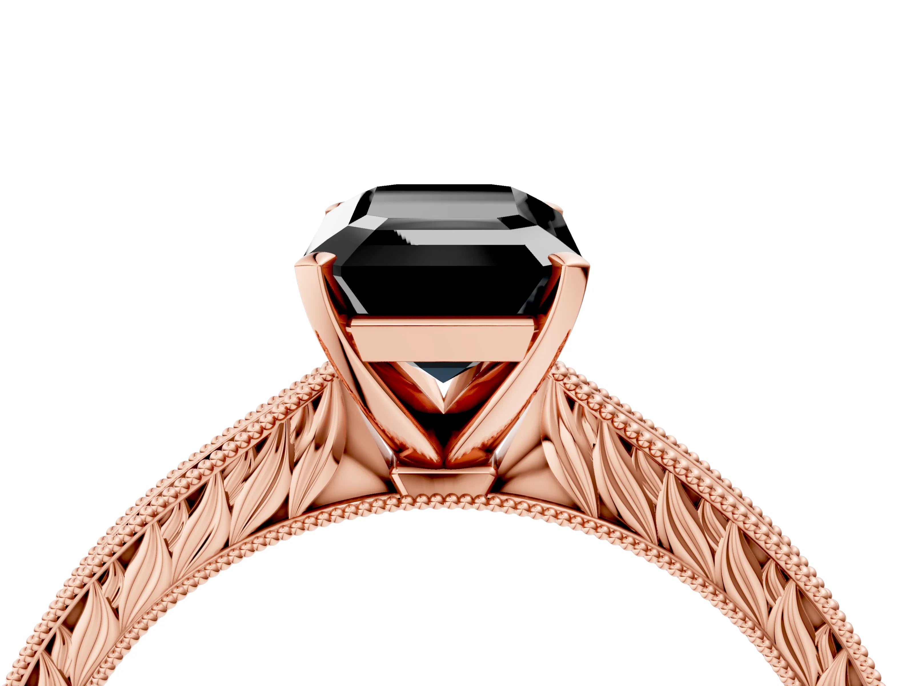 Rose gold Fancy Black Emerald Cut Solitaire Milgrain Engraved Band with Four-Prong Setting_4