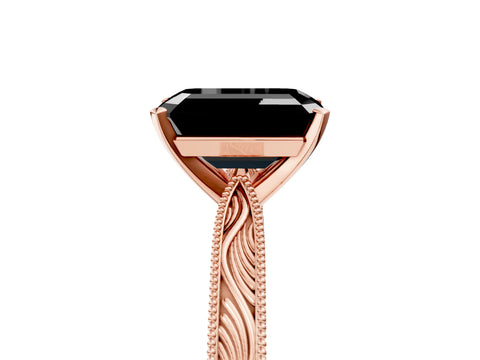 Rose gold Fancy Black Emerald Cut Solitaire Milgrain Engraved Band with Four-Prong Setting_5