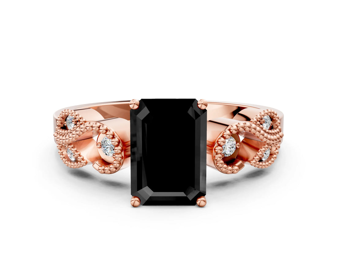Rose gold Fancy Black Emerald Cut Solitaire Milgrain Leaf Band with Prong Setting