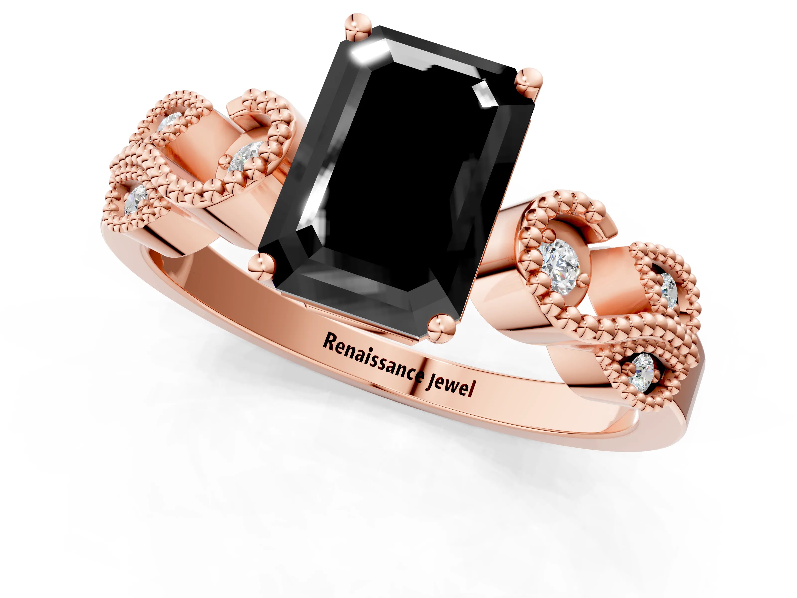 Rose gold Fancy Black Emerald Cut Solitaire Milgrain Leaf Band with Prong Setting_1