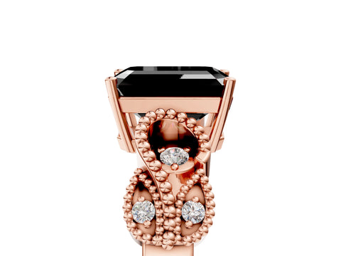 Rose gold Fancy Black Emerald Cut Solitaire Milgrain Leaf Band with Prong Setting_5