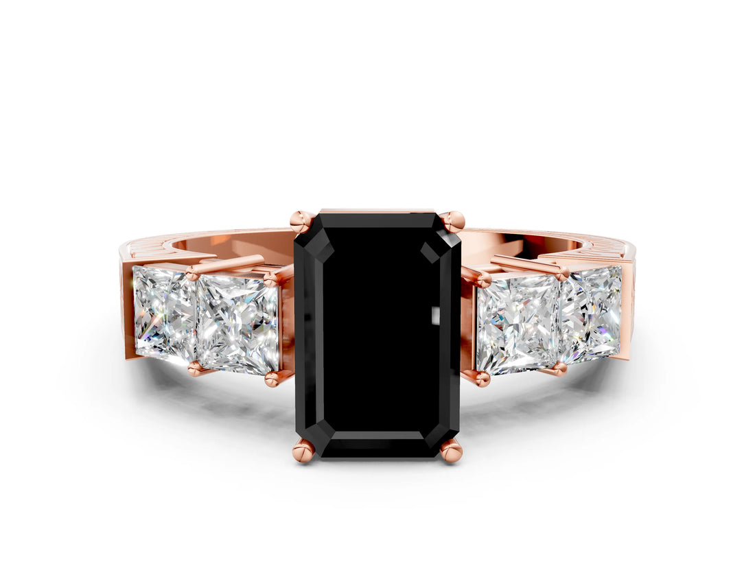 Rose gold Fancy Black Emerald Cut Solitaire Princess Side Stone Engraved Band Prong Setting Ring