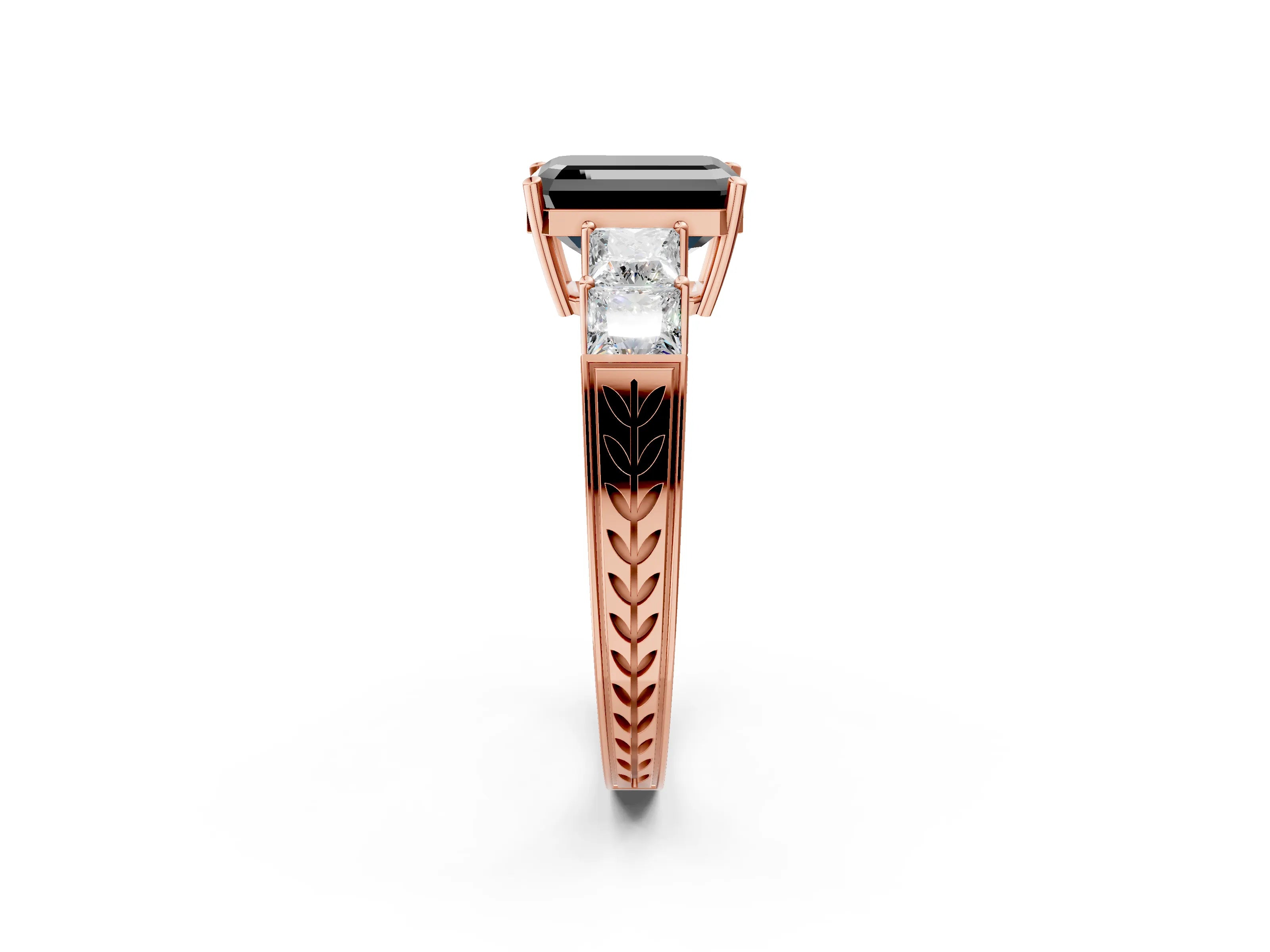 Rose gold Fancy Black Emerald Cut Solitaire Princess Side Stone Engraved Band Prong Setting Ring_2