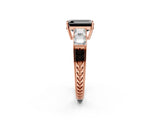 Rose gold Fancy Black Emerald Cut Solitaire Princess Side Stone Engraved Band Prong Setting Ring_2