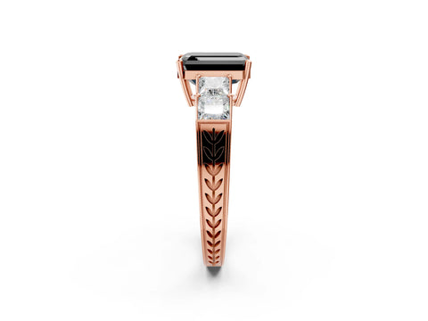 Rose gold Fancy Black Emerald Cut Solitaire Princess Side Stone Engraved Band Prong Setting Ring_2