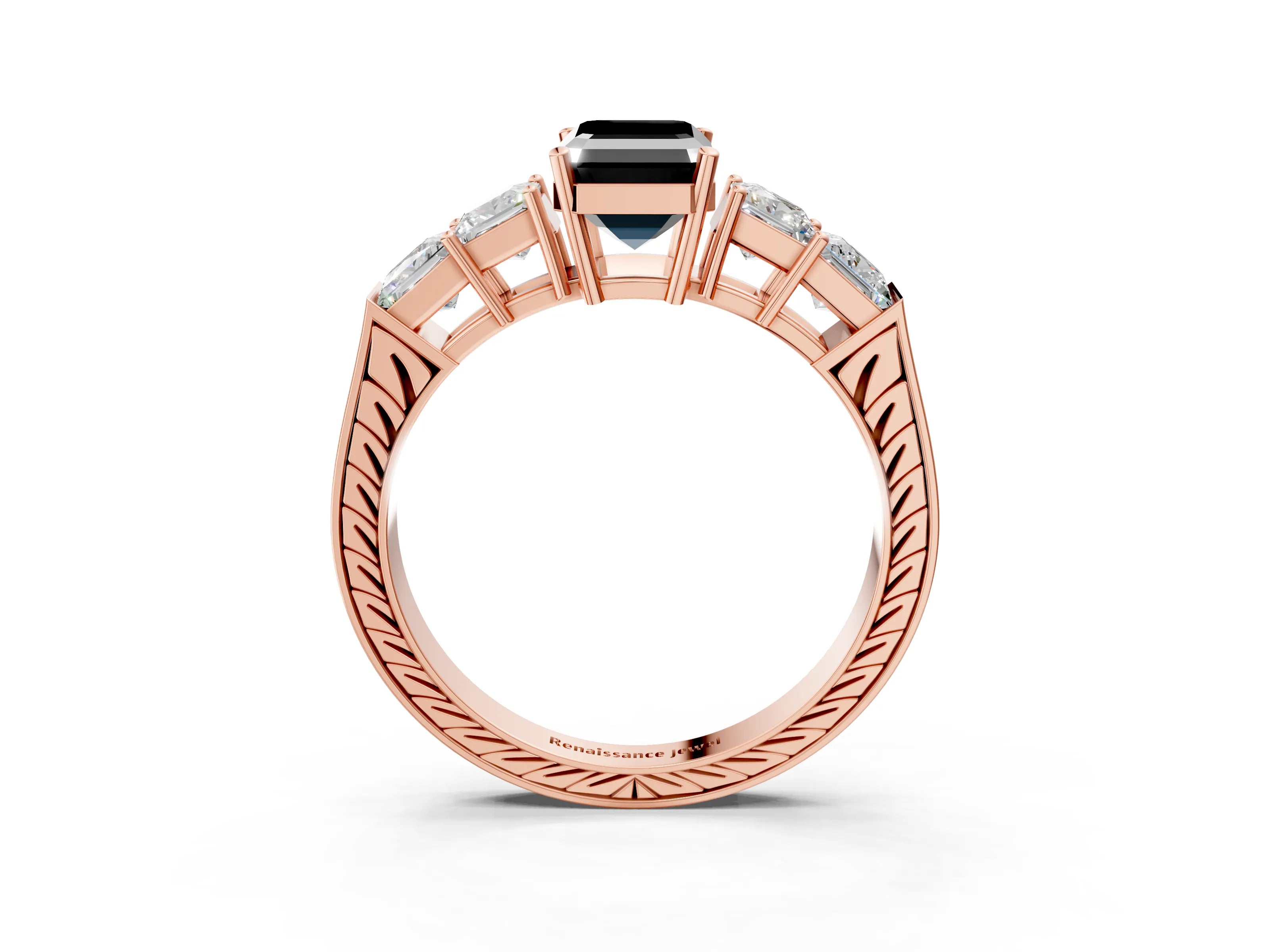 Rose gold Fancy Black Emerald Cut Solitaire Princess Side Stone Engraved Band Prong Setting Ring_3