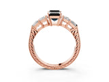 Rose gold Fancy Black Emerald Cut Solitaire Princess Side Stone Engraved Band Prong Setting Ring_3