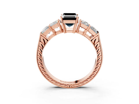 Rose gold Fancy Black Emerald Cut Solitaire Princess Side Stone Engraved Band Prong Setting Ring_3