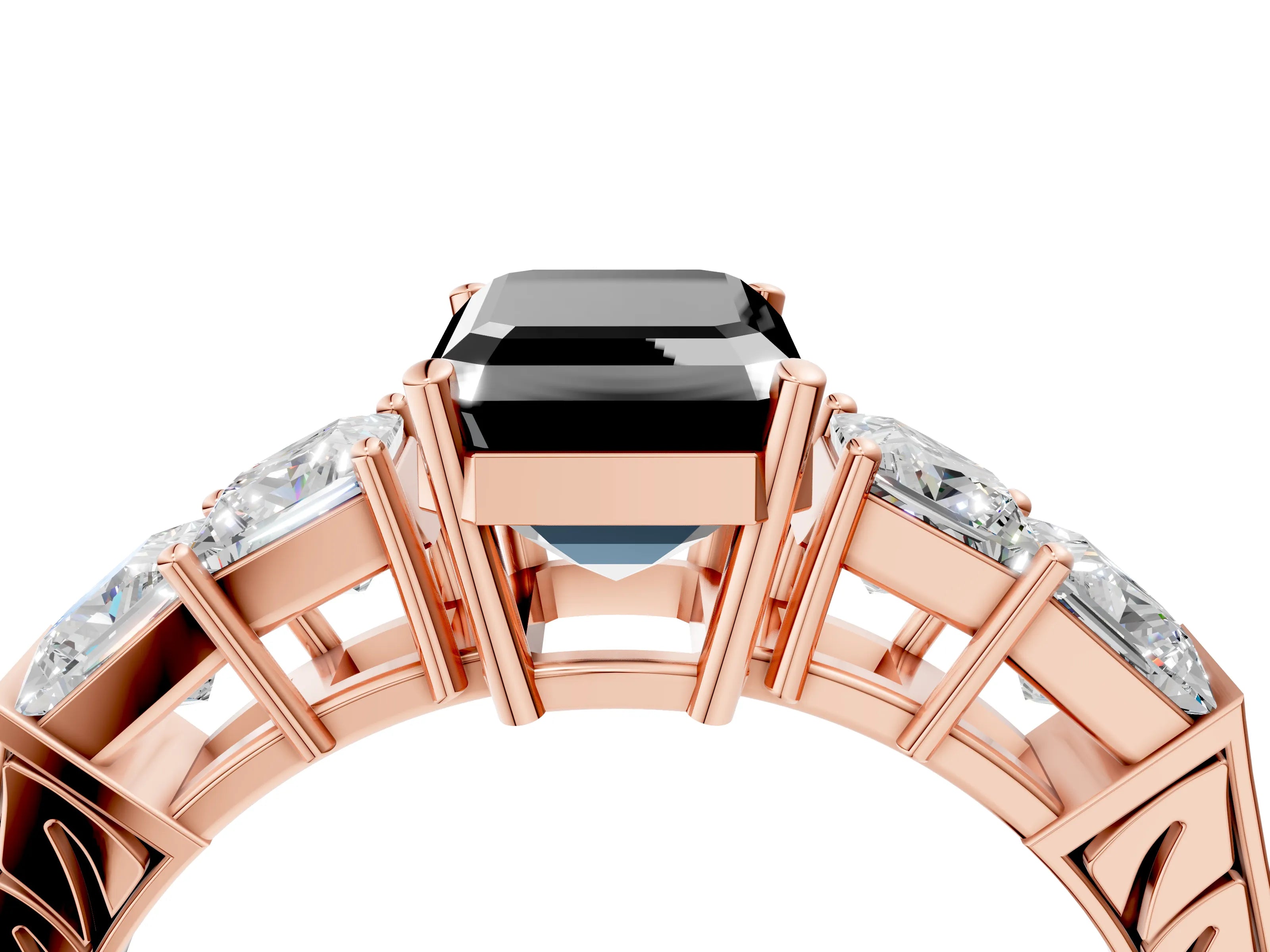 Rose gold Fancy Black Emerald Cut Solitaire Princess Side Stone Engraved Band Prong Setting Ring_4