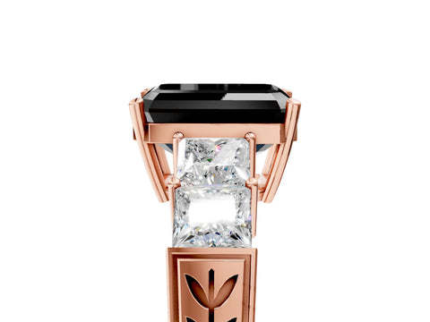 Rose gold Fancy Black Emerald Cut Solitaire Princess Side Stone Engraved Band Prong Setting Ring_5