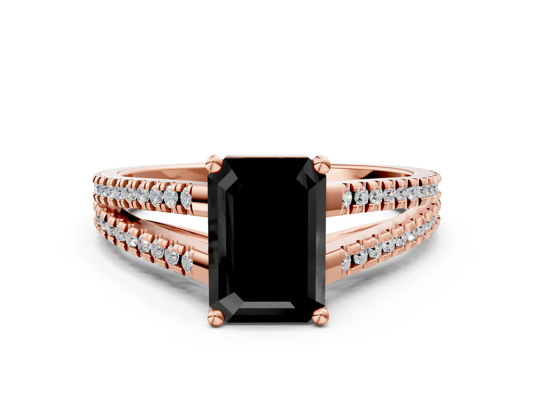 Rose gold Fancy Black Emerald Cut Solitaire Split Shank Pavé Diamond Engagement Ring