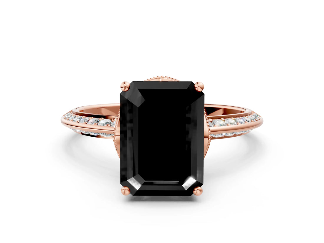Rose gold Fancy Black Emerald Cut Solitaire Split Shank Pave Diamond Engagement Ring with Four-Prong Setting_36